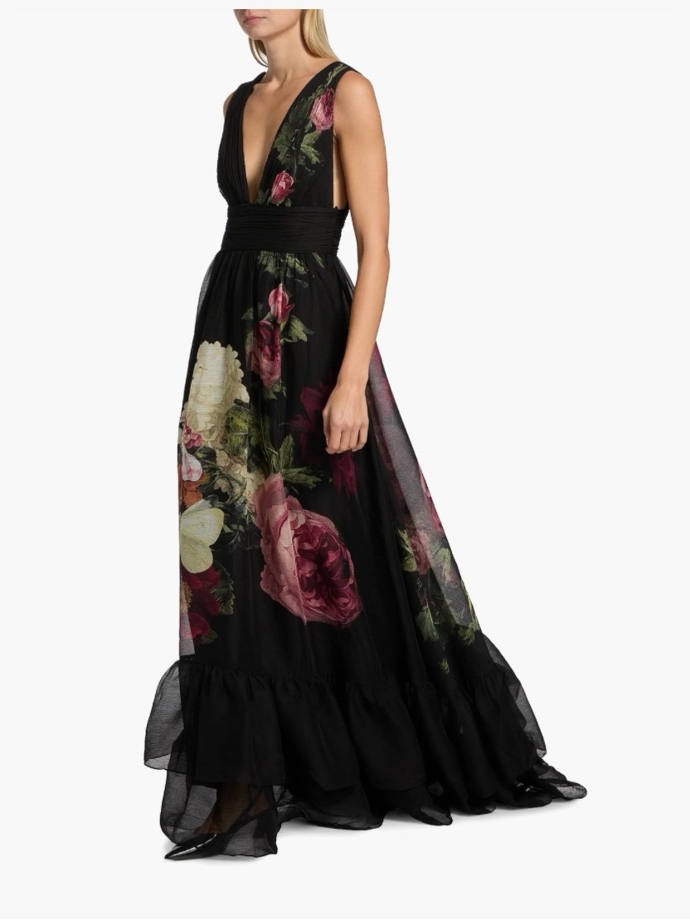 Alice + Olivia Black Maxi Dress royal  Floral Print cape back gown12 nwt - Picture 3 of 16